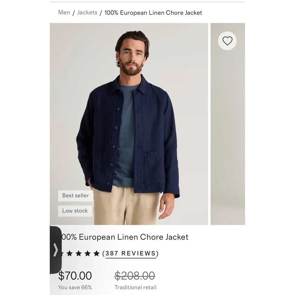 Quince Mens 100% European Linen Chore Jacket Navy Blue Large Button Shacket